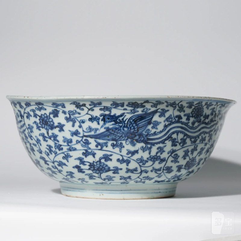 明嘉靖 青花凤串花纹大残碗 - 图2
